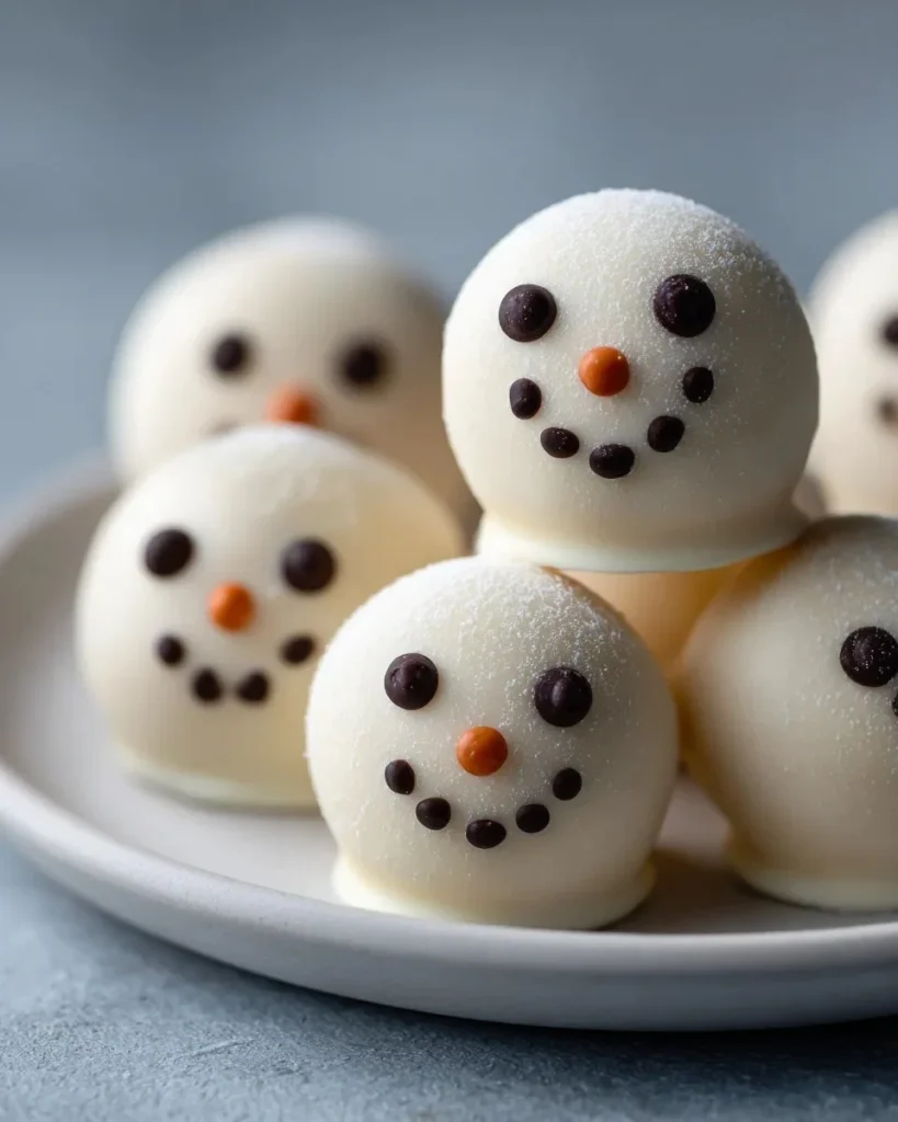 Delicious no-bake snowman truffles decorated with chocolate and marshmallows