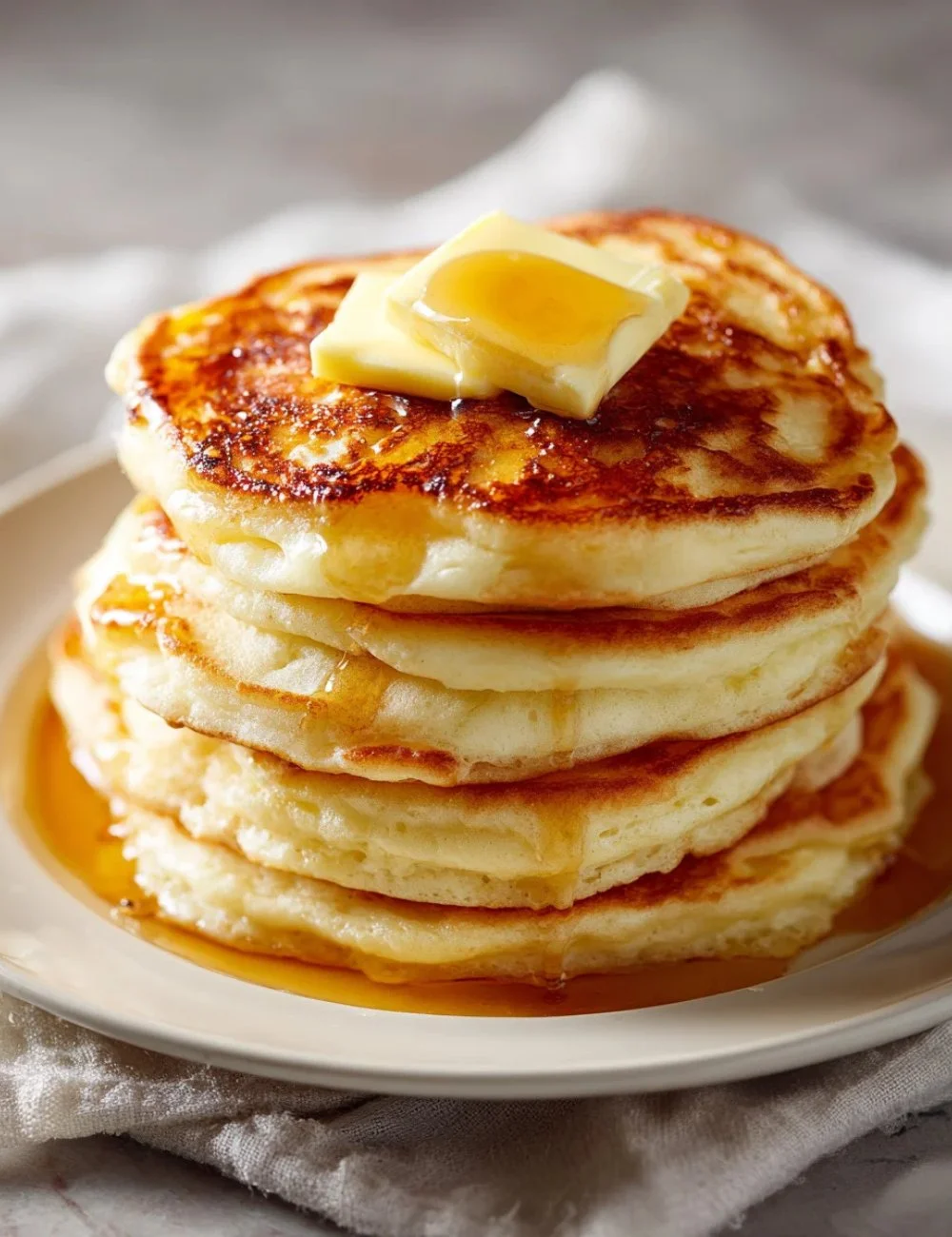 Delicious old fashioned pancakes stacked on a plate with syrup and berries