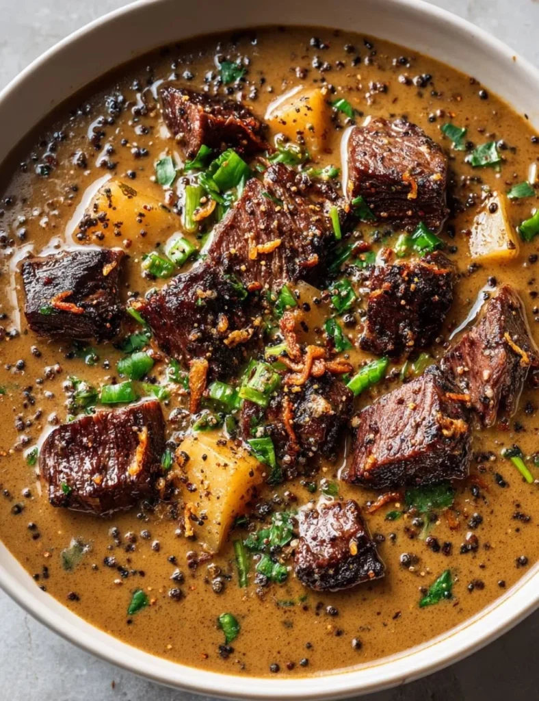 Bowl of Pepper Steak Soup with tender beef and colorful peppers