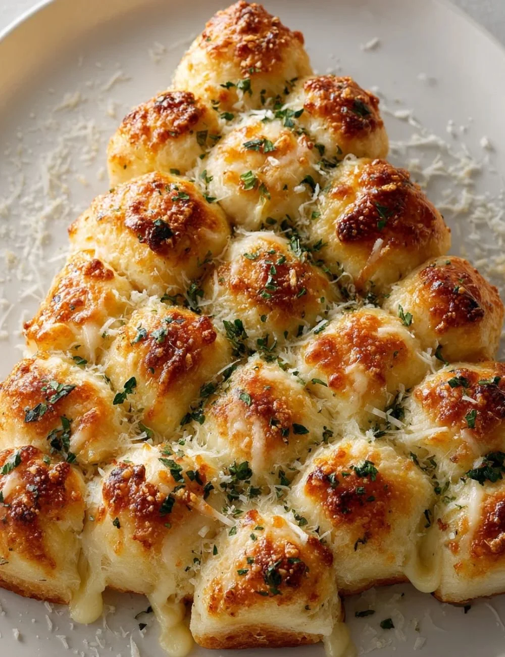 Pull-apart cheesy Christmas tree bread with melted cheese and festive presentation