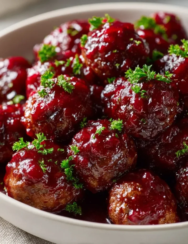 Plate of quick Christmas cranberry meatballs garnished with parsley