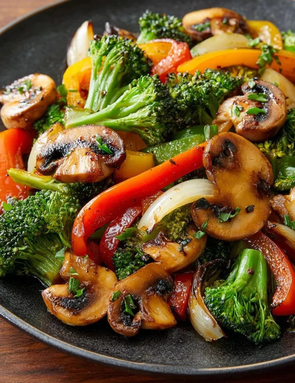 Plate of colorful quick healthy sautéed vegetables featuring bell peppers and broccoli.