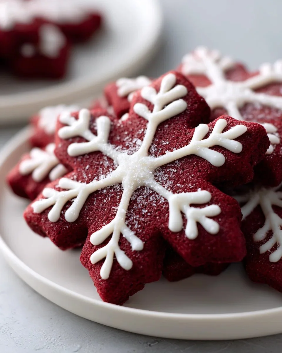Festive Red Velvet Snowflake Cookies on a decorative plate