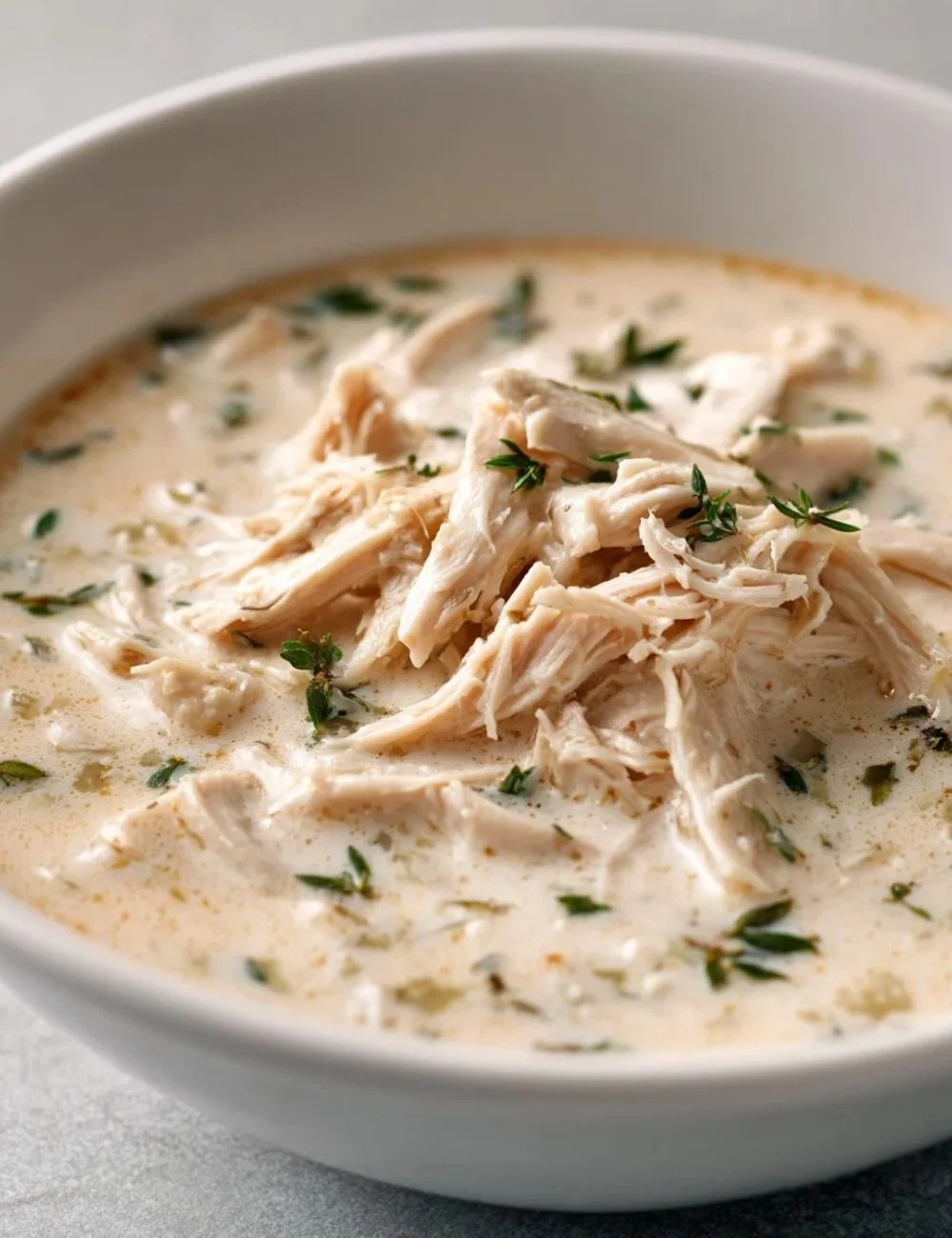 A bowl of rich and creamy Keto Chicken Cream Cheese Soup garnished with herbs.