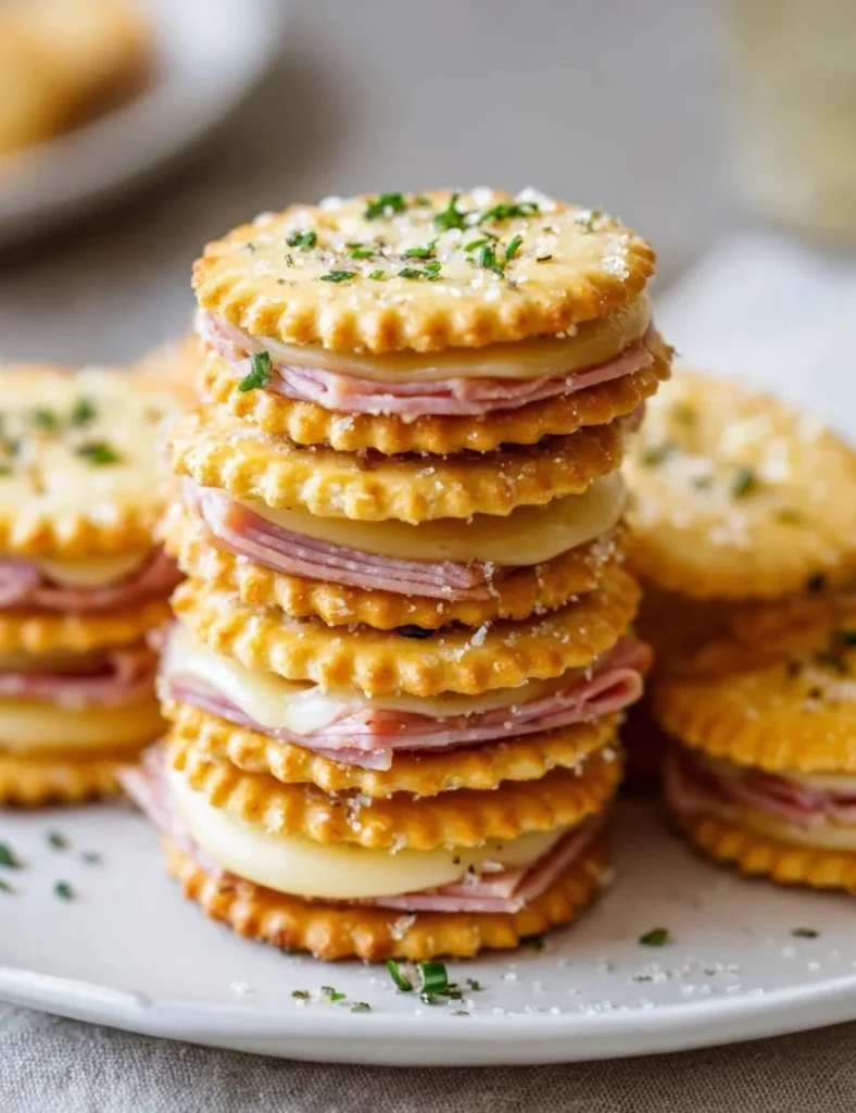 Ritz cracker party sandwiches with various fillings served on a platter