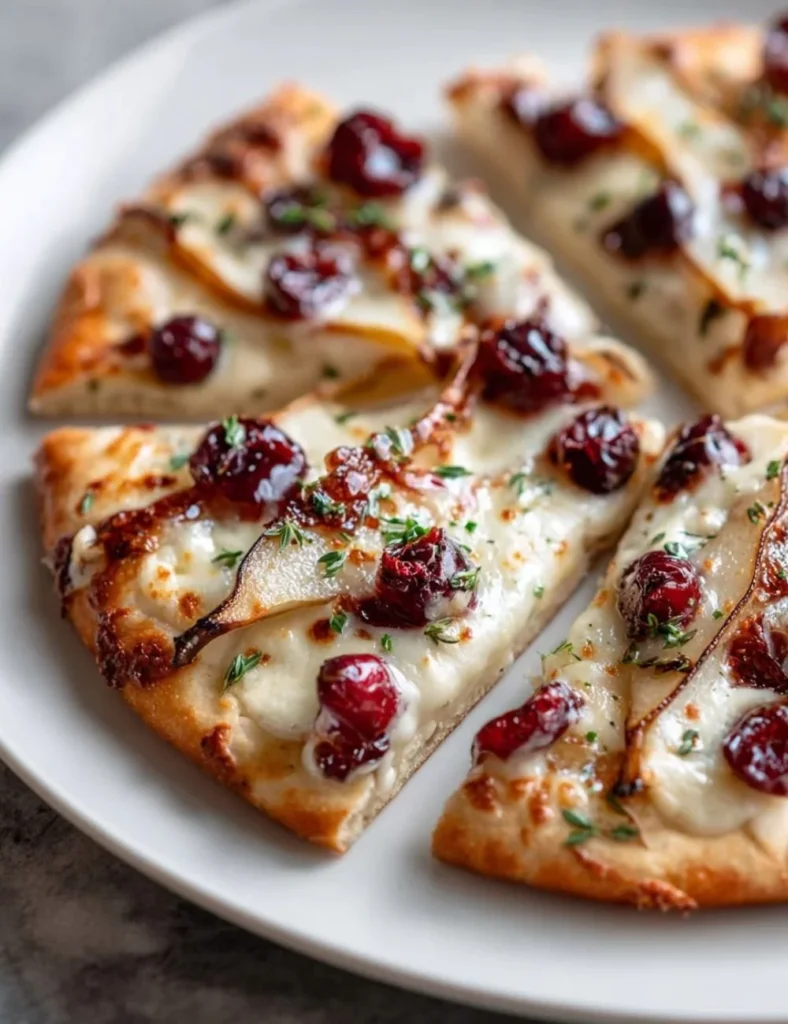 Roasted Pear Cranberry and Brie Flatbread topped with herbs and cheese