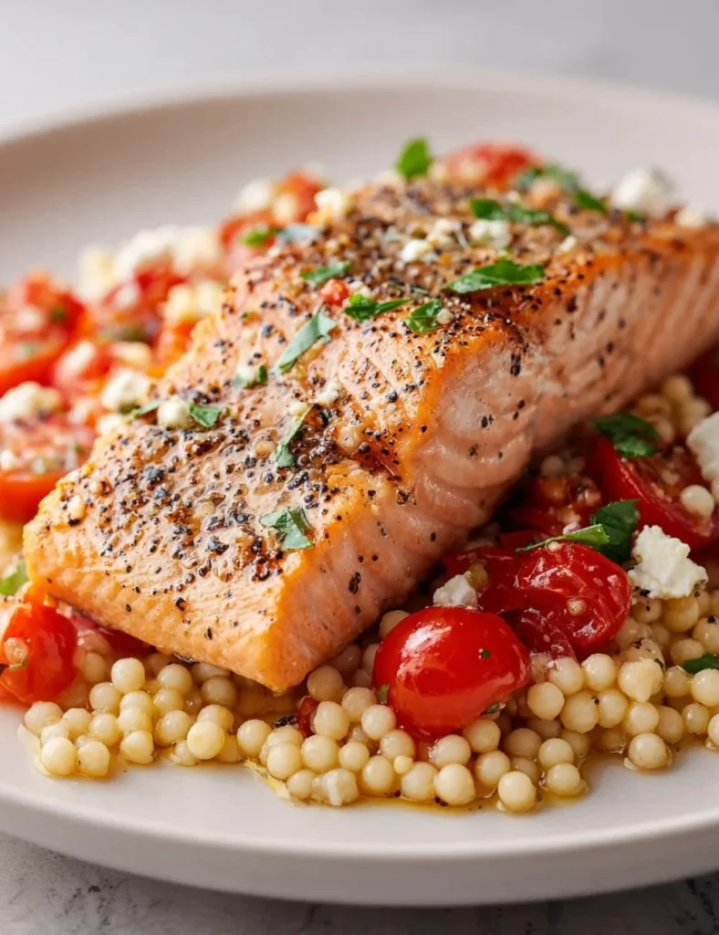Plate of salmon served with tomato goat cheese couscous on a wooden table.