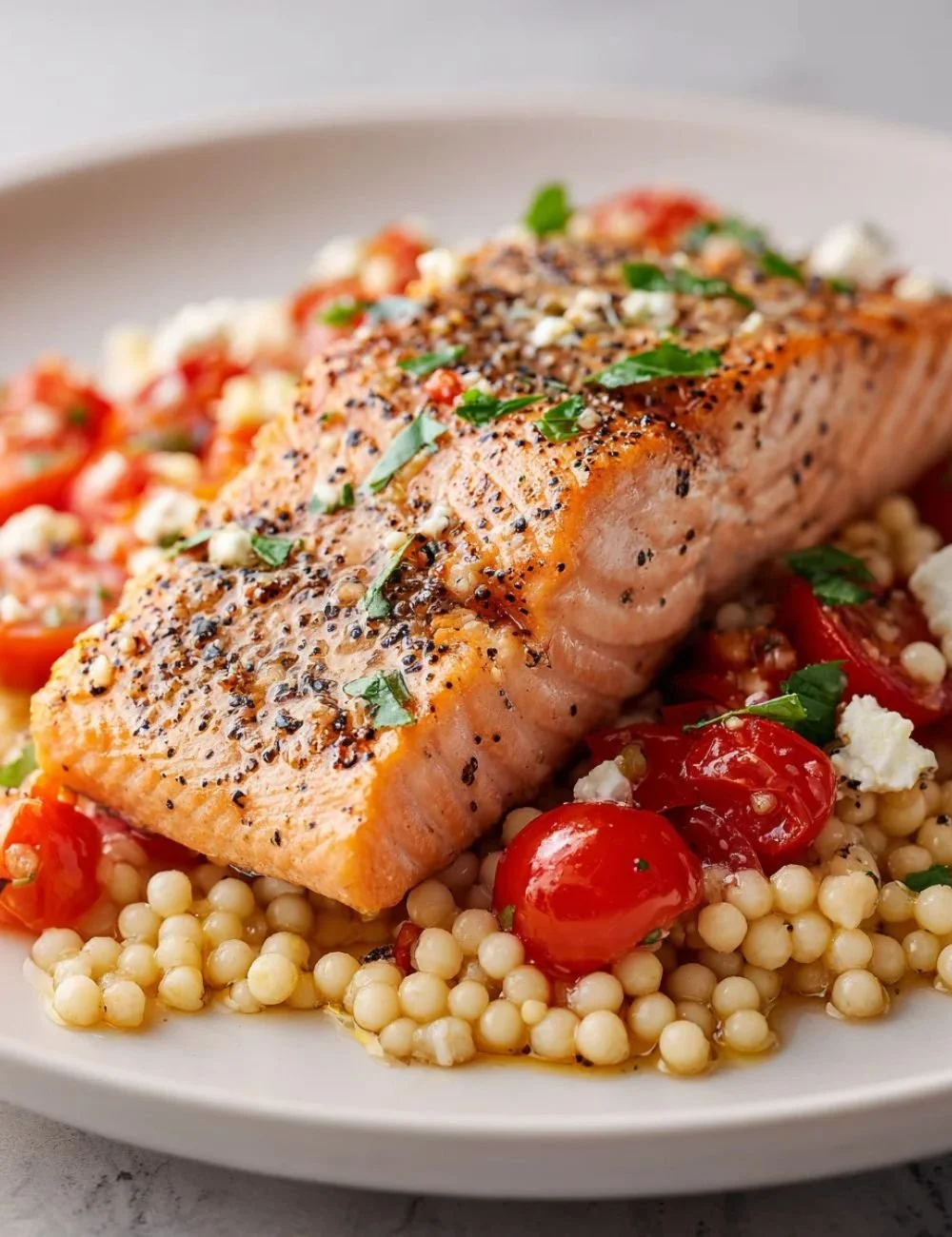 Plate of salmon served with tomato goat cheese couscous on a wooden table.