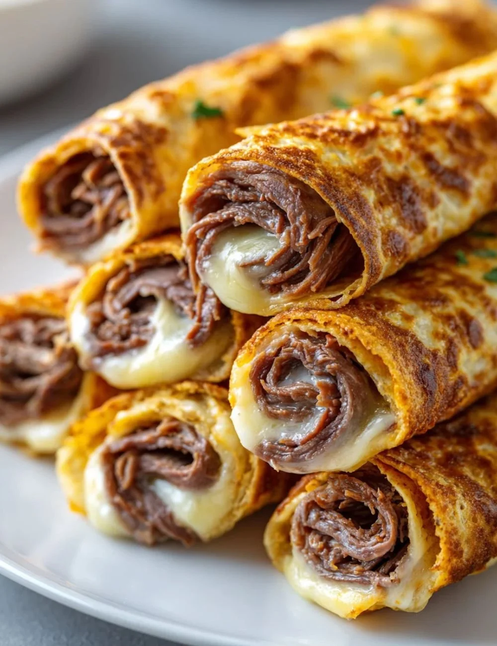 Savory beef French dip tortilla rollups served on a plate