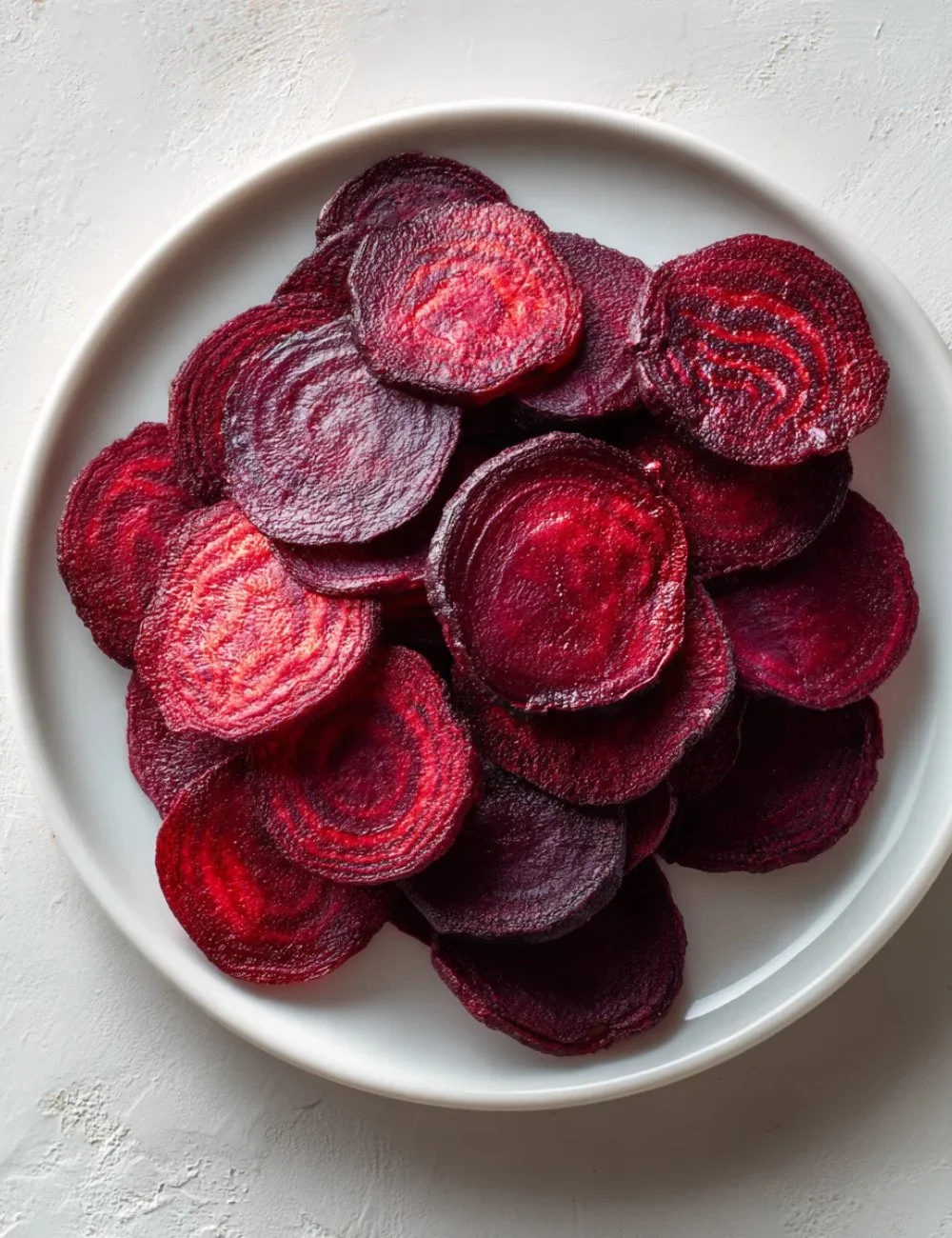 Savory dehydrated beetroot chips with rosemary salt in a bowl
