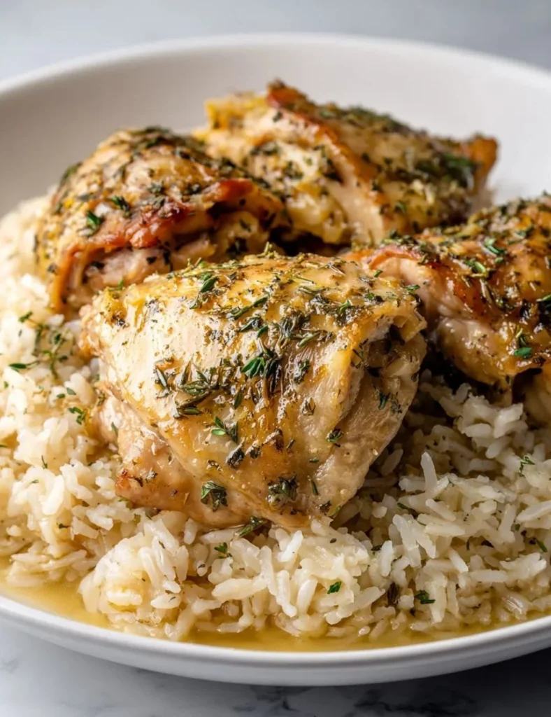 Delicious slow cooker lemon herb chicken served with rice and herbs