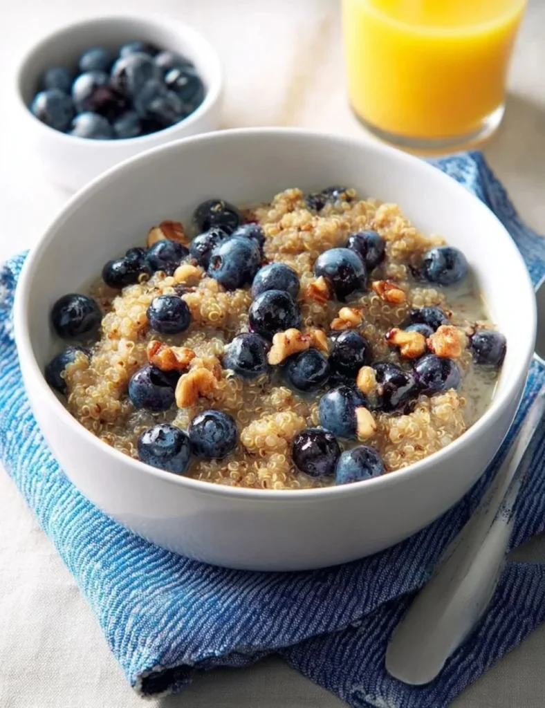 Bowl of spiced blueberry quinoa topped with fresh blueberries and spices.