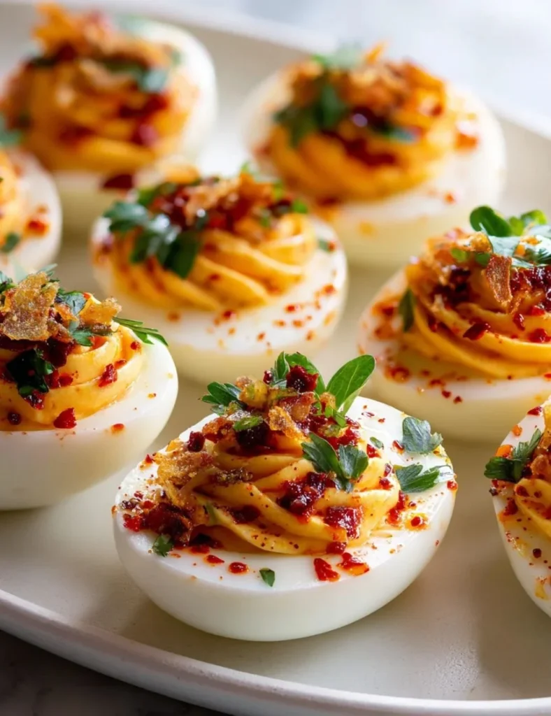Spicy chili garlic deviled eggs on a serving platter