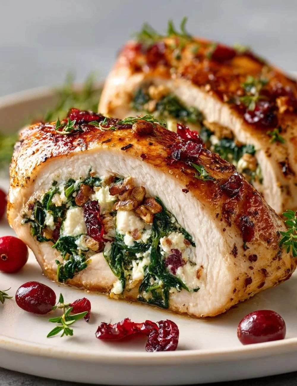 Spinach Cranberry Stuffed Chicken Breasts ready to serve