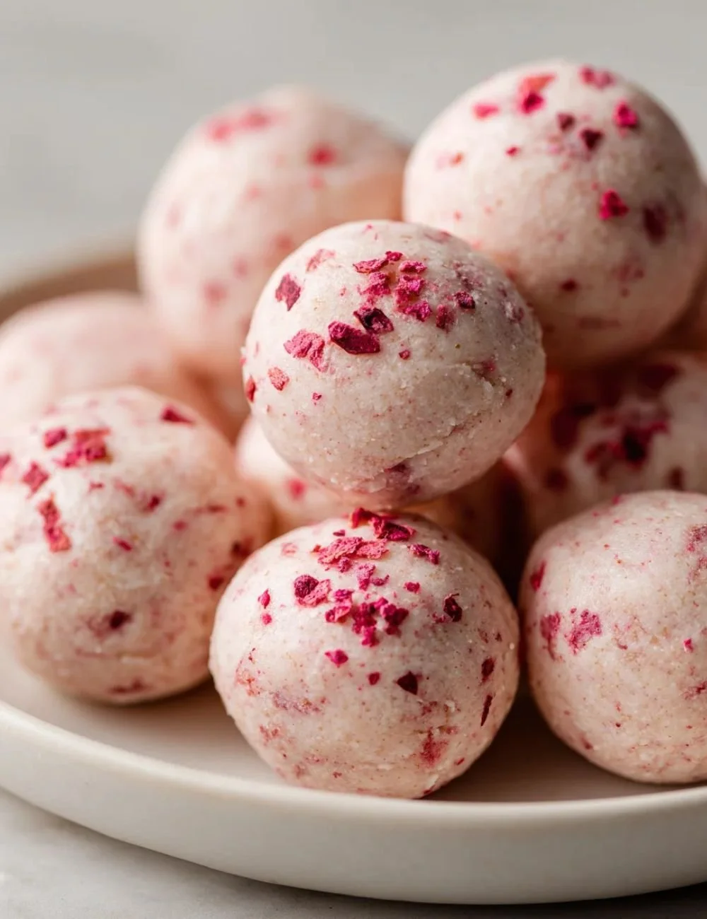 Delicious strawberry cheesecake protein balls, healthy snack option.