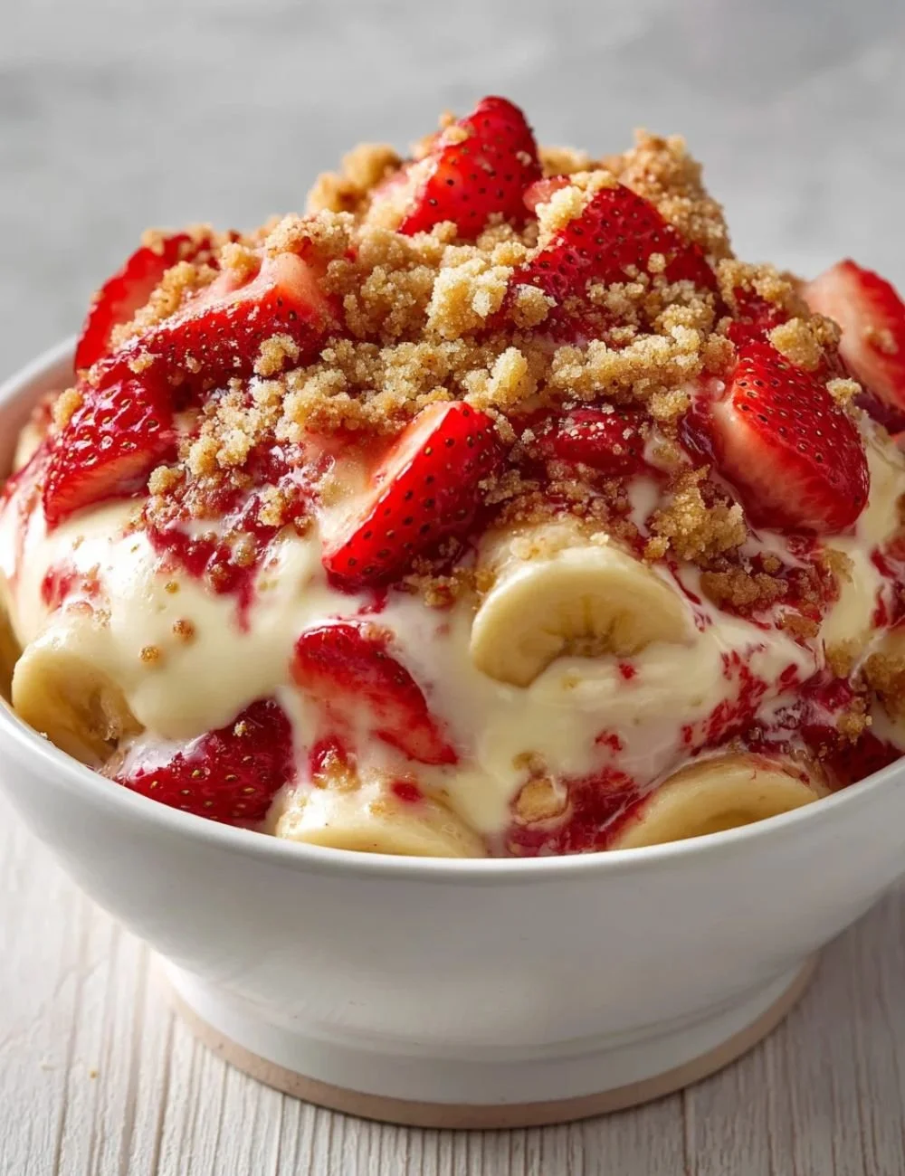 Delicious Strawberry Crunch Banana Pudding dessert with layers of flavor