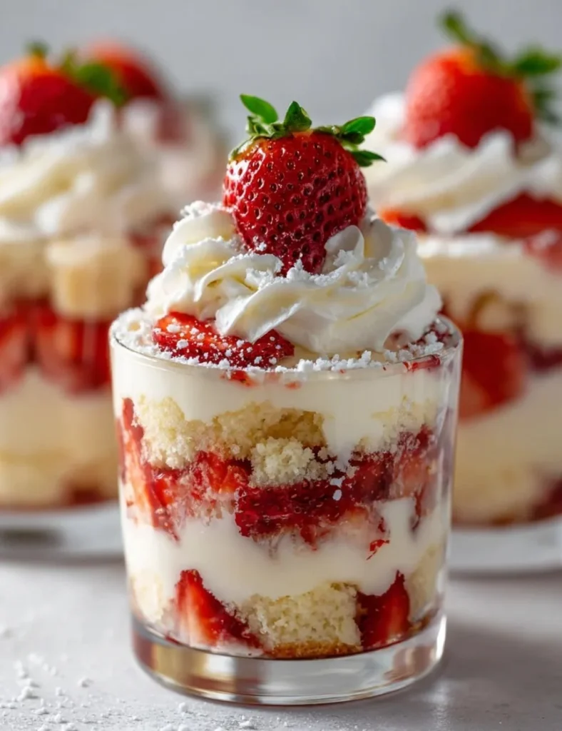 Delicious Strawberry Shortcake Pudding Cups layered with strawberries and cream.