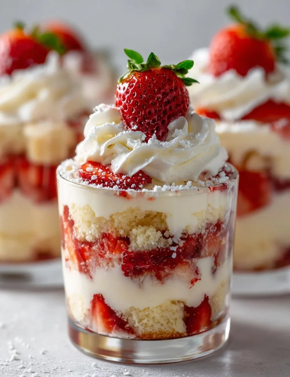 Delicious Strawberry Shortcake Pudding Cups layered with strawberries and cream.
