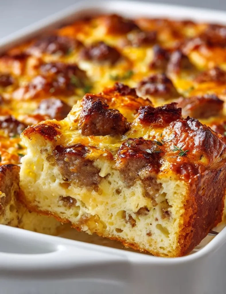 Delicious Sweet Maple Sausage Breakfast Casserole served in a baking dish