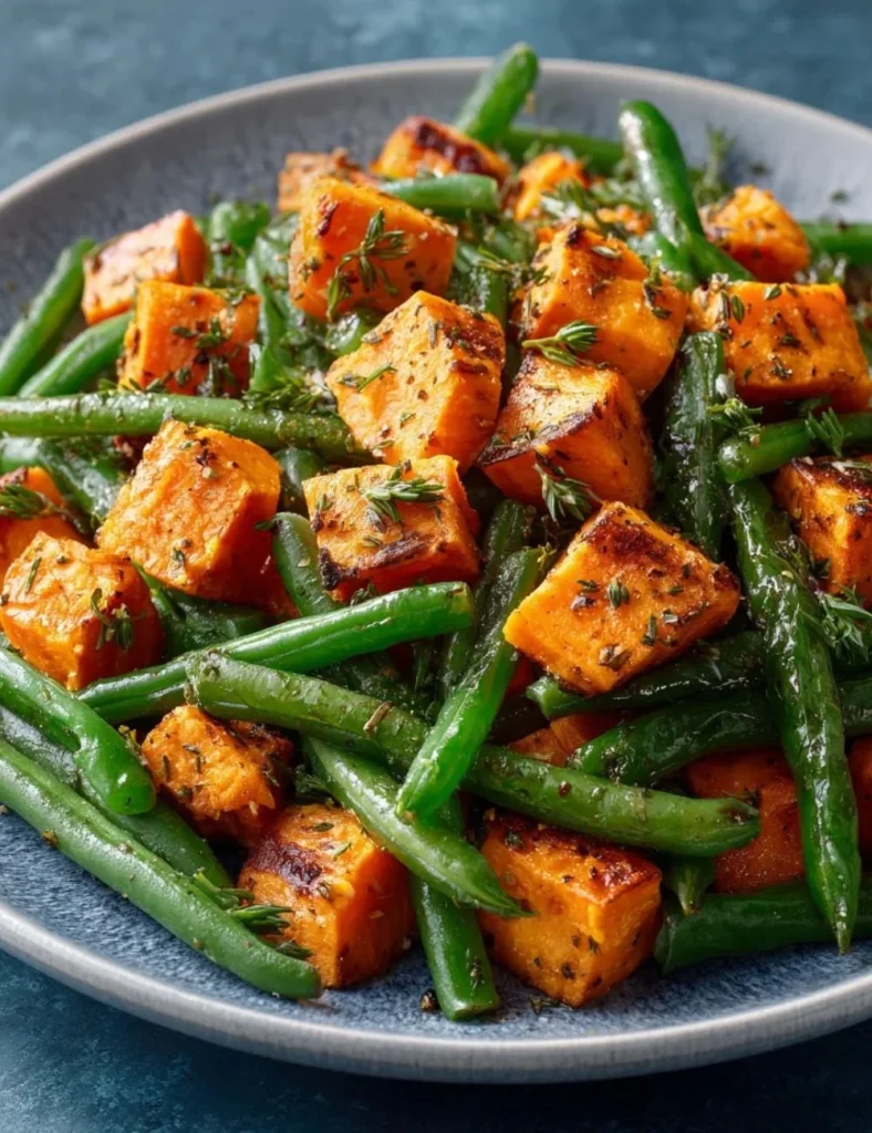 Sweet Potato Green Bean Tray Bake with vibrant vegetables and herbs