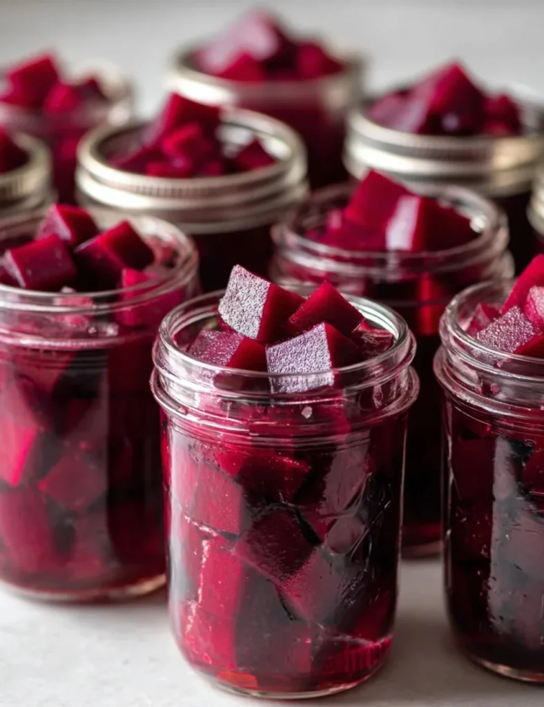 Jar of sweet and tangy pickled beets on a wooden table