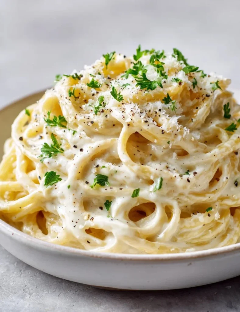Creamy Cottage Cheese Alfredo sauce atop pasta dish with fresh herbs