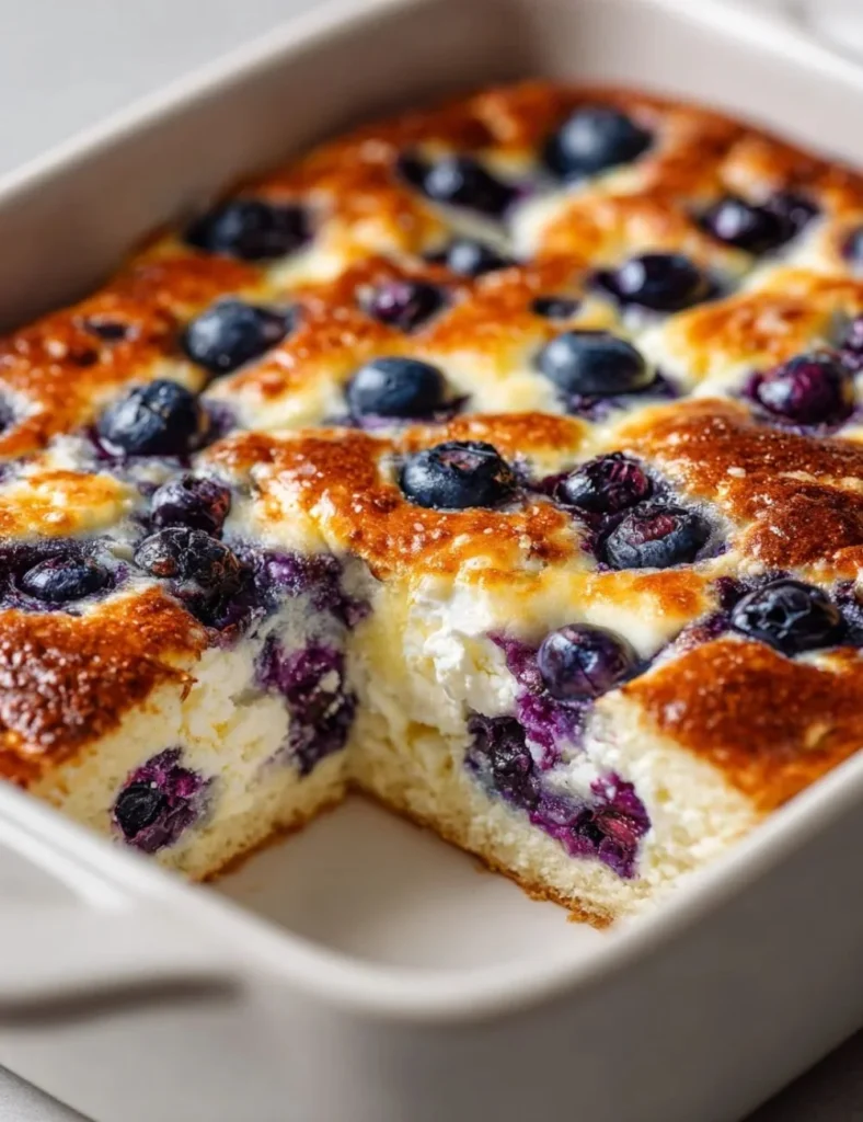 Warm blueberry cottage cheese bake served in a dish, garnished with fresh blueberries.
