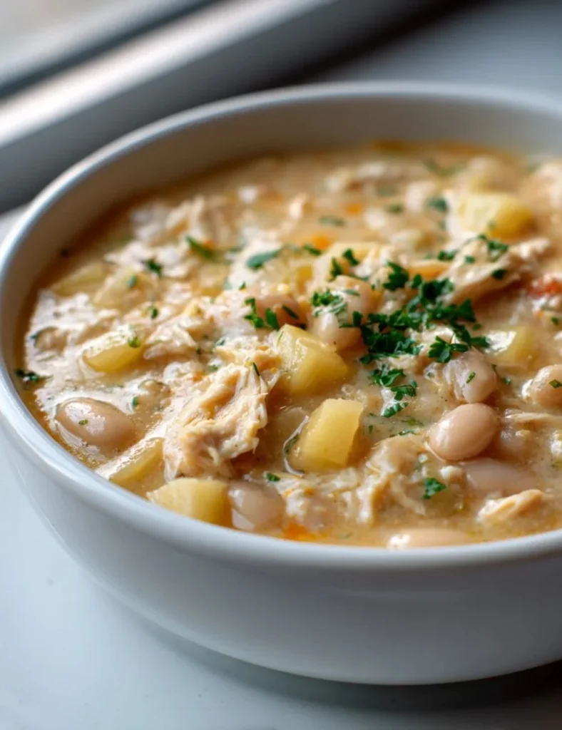 Delicious White Cheddar Apple Chicken Chili in a bowl, garnished with fresh herbs