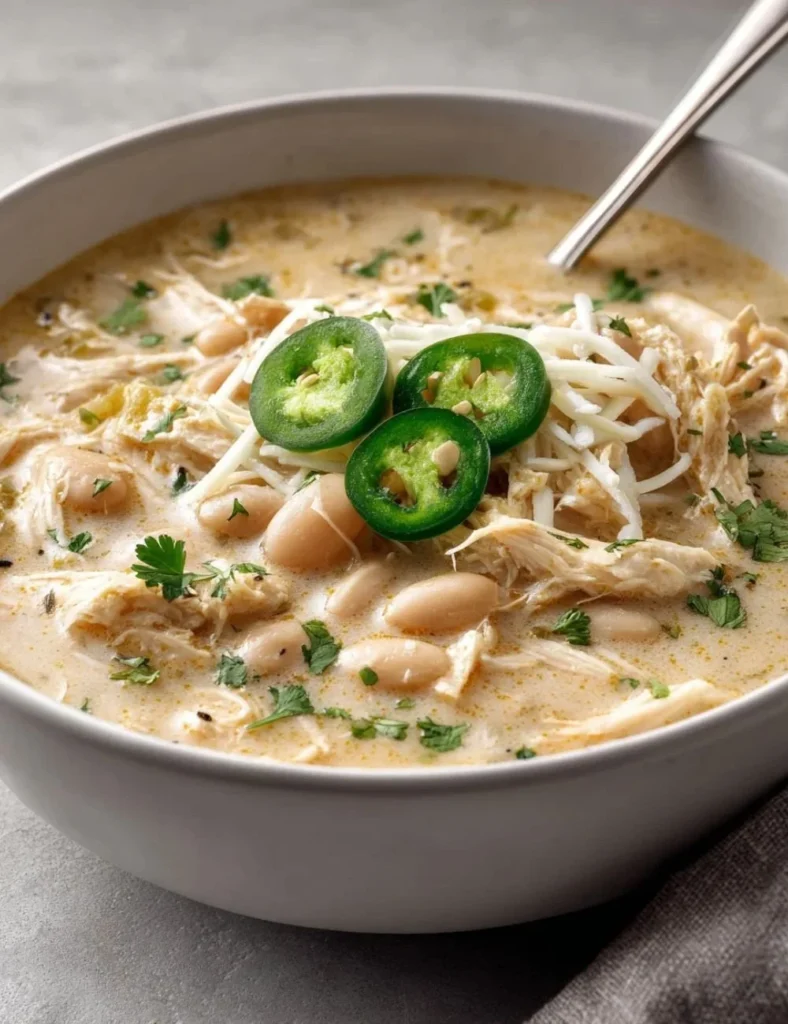 Delicious bowl of white chicken chili topped with cilantro and lime