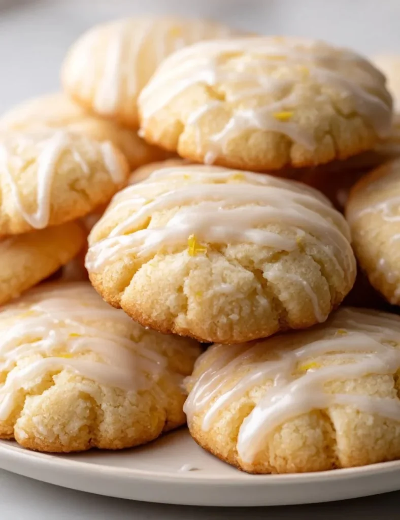Zesty easy lemon cookies on a white plate with lemon slices
