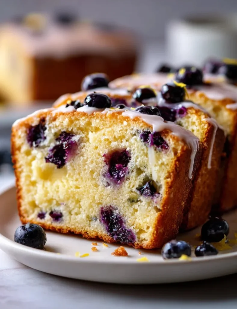 Sliced lemon blueberry bread with fresh blueberries and lemon zest