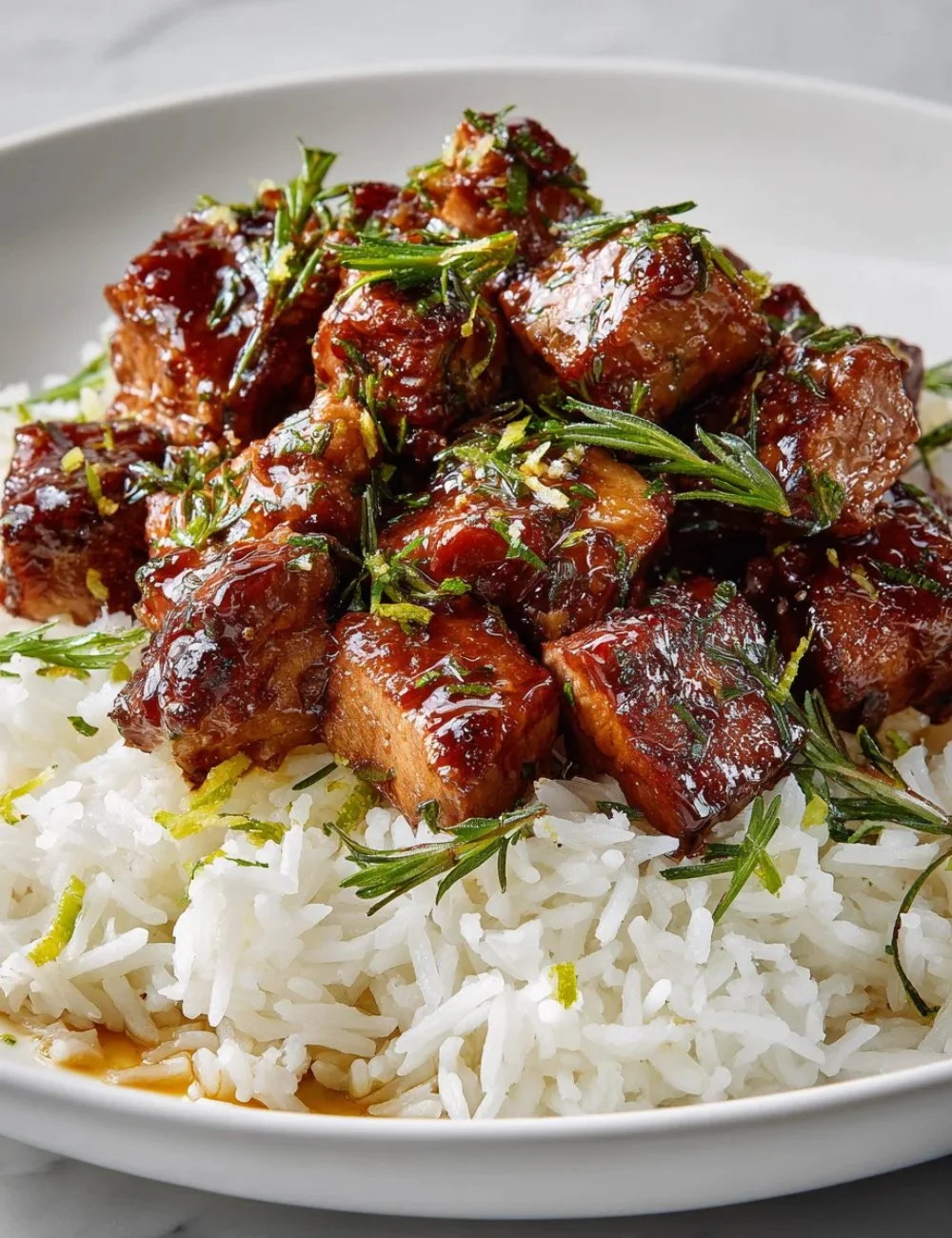 Plate of zesty lime beef served with coconut rice and garnished with lime slices.