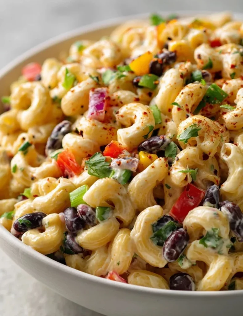 Zesty Mexican macaroni salad with colorful vegetables and dressing.