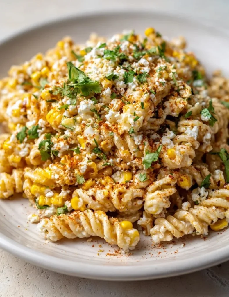 Zesty Mexican street corn pasta salad garnished with fresh cilantro and lime.
