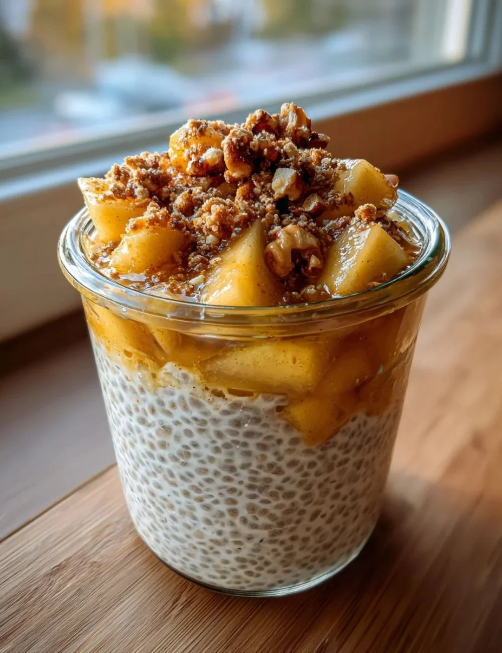 Delicious Apple Crumble Chia Pudding topped with fresh apples and spices.