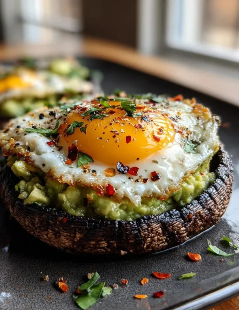 Avocado and egg stuffed portobello mushrooms garnished with herbs