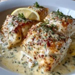 Baked cod fillets in coconut lemon cream sauce on a plate