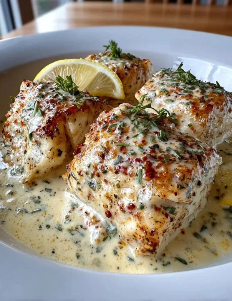 Baked cod fillets in coconut lemon cream sauce on a plate