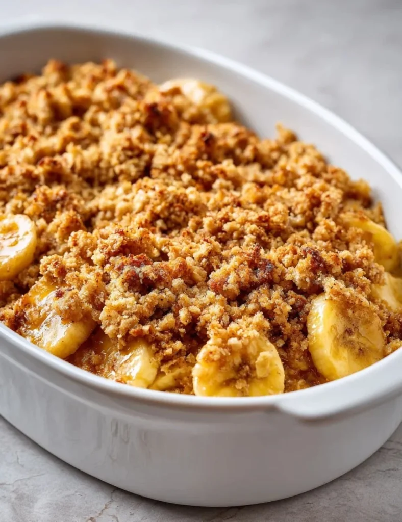 Delicious slice of homemade Banana Crumb Cake with crumbs on top