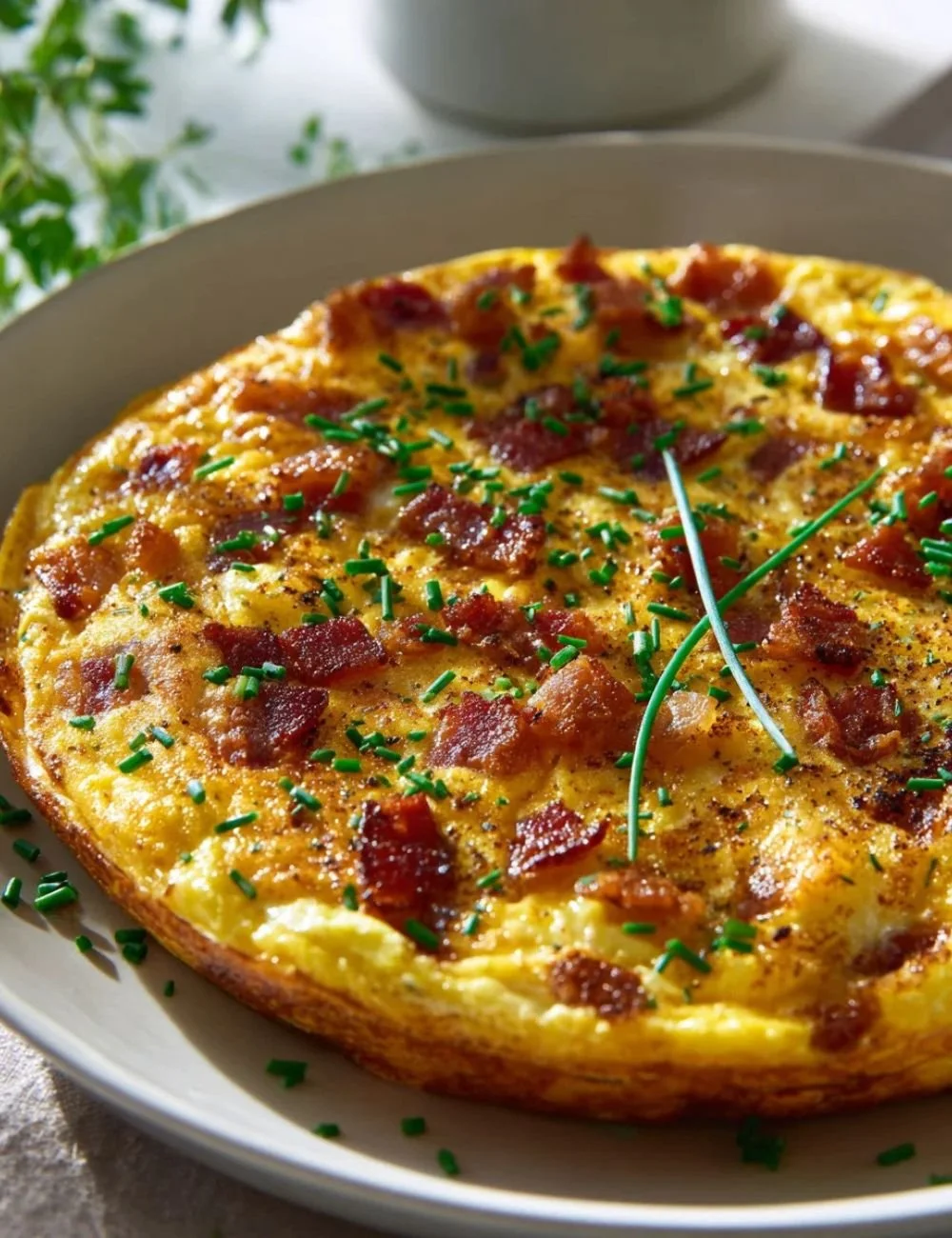 Delicious beef bacon potato frittata served in a skillet