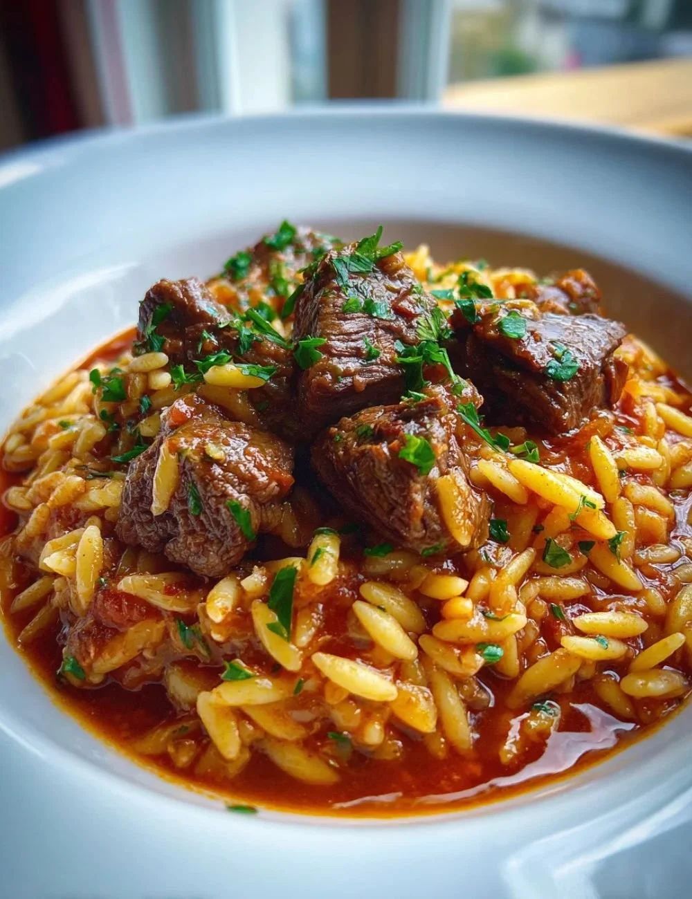 A delicious plate of Beef Giouvetsi with tender beef and orzo pasta in a rich sauce.