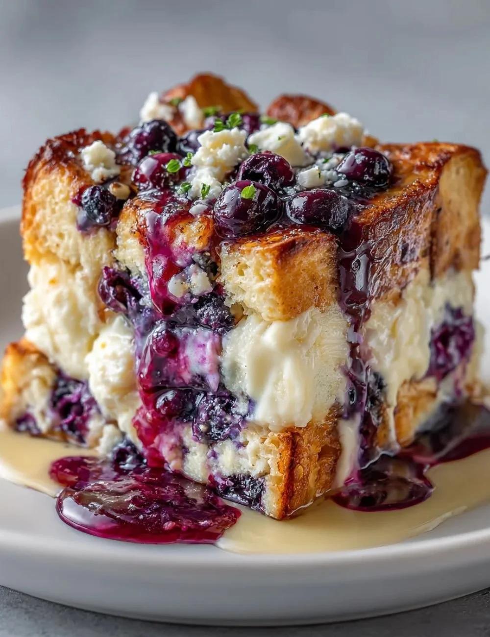 Delicious Blueberry Cream Cheese French Toast Casserole ready to serve.