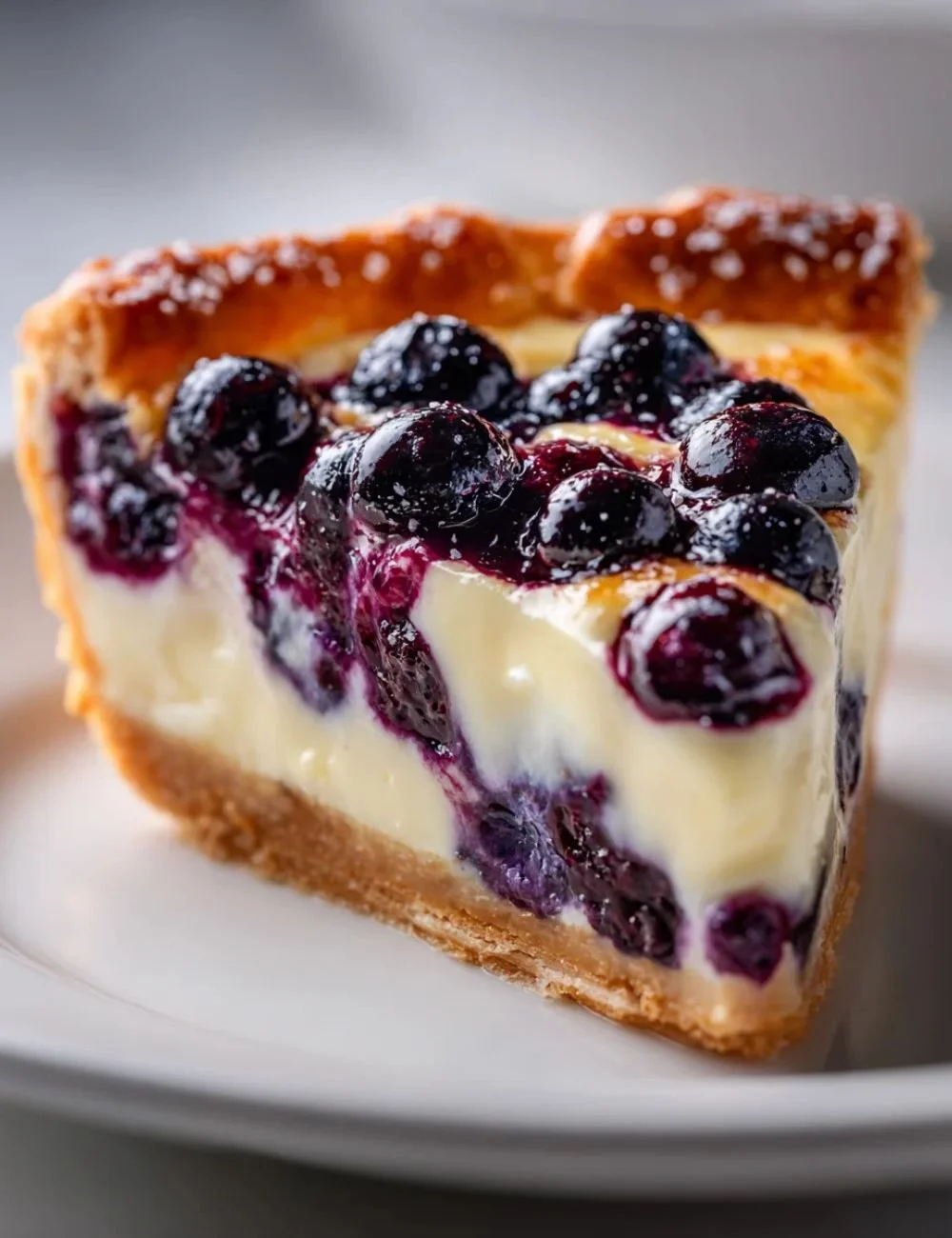 Slice of homemade Blueberry Custard Pie with fresh blueberries and creamy custard