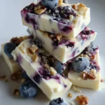 Delicious blueberry frozen cottage cheese bark topped with fresh blueberries.