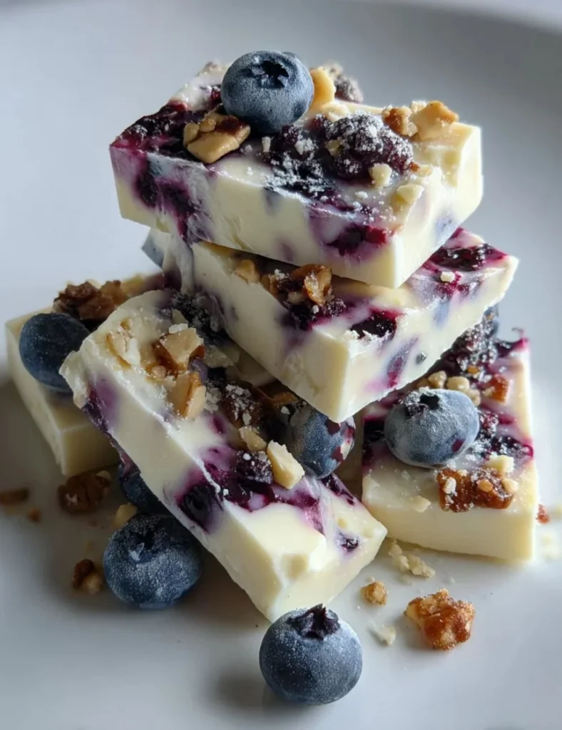 Delicious blueberry frozen cottage cheese bark topped with fresh blueberries.