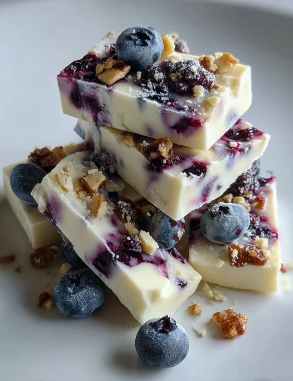Delicious blueberry frozen cottage cheese bark topped with fresh blueberries.