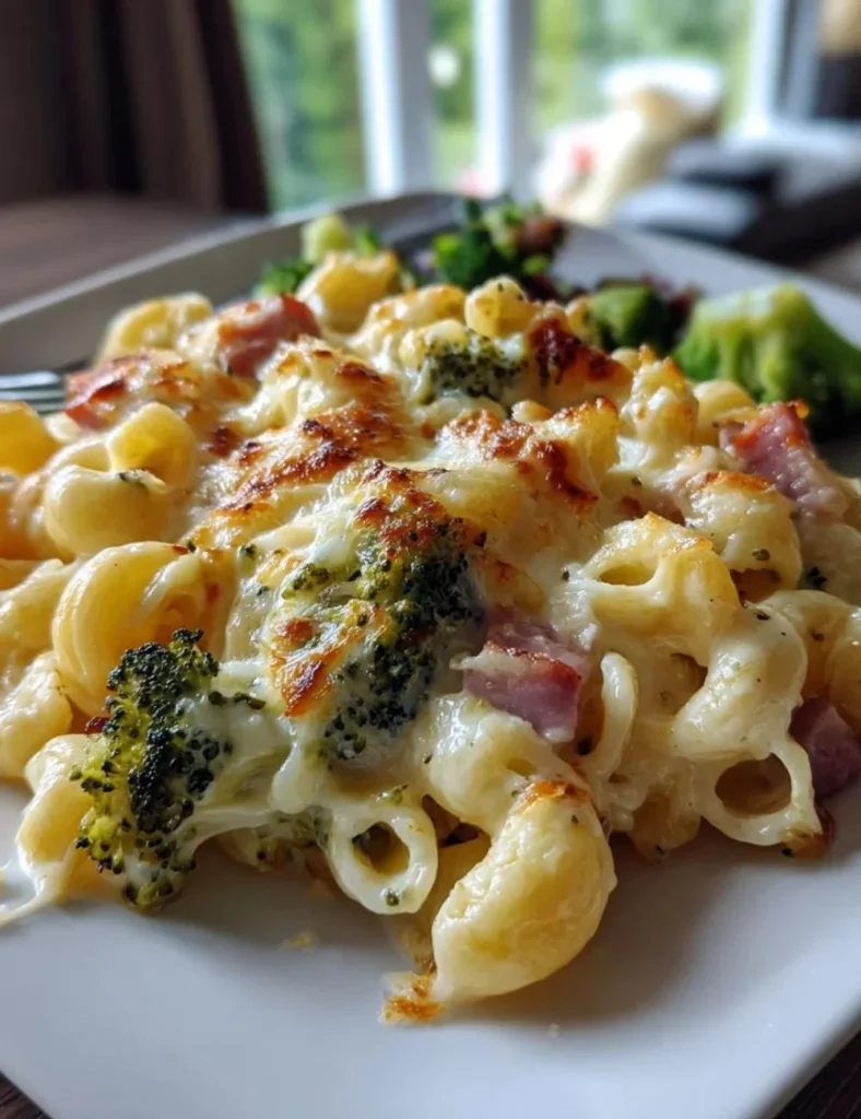 Broccoli Cheddar Beef Ham Pasta Casserole served in a baking dish