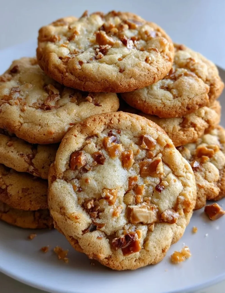 Delicious brown butter toffee cookies with a golden crispy top and toffee bits
