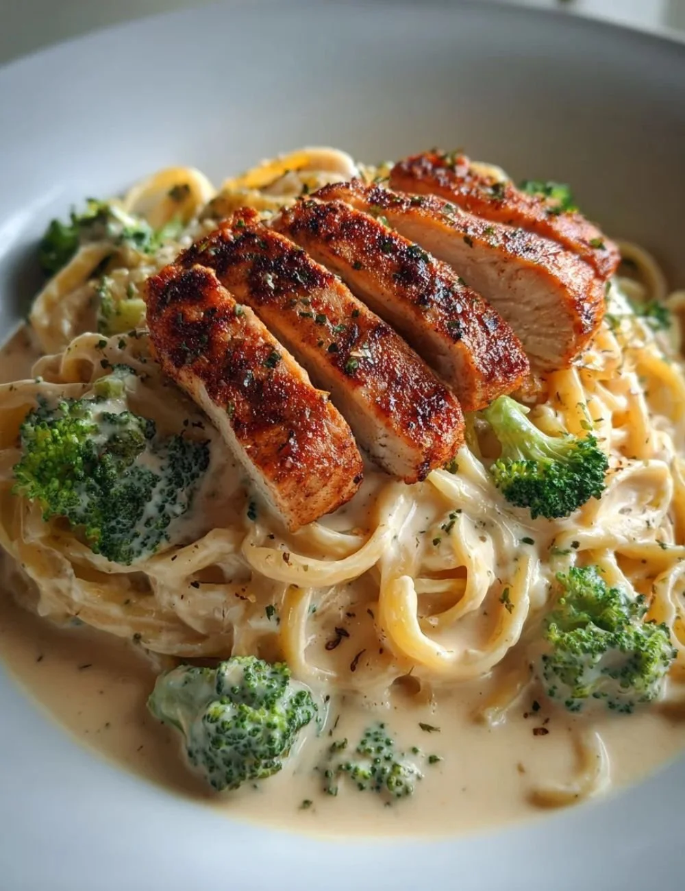 Plate of Cajun Chicken and Broccoli Alfredo topped with parsley