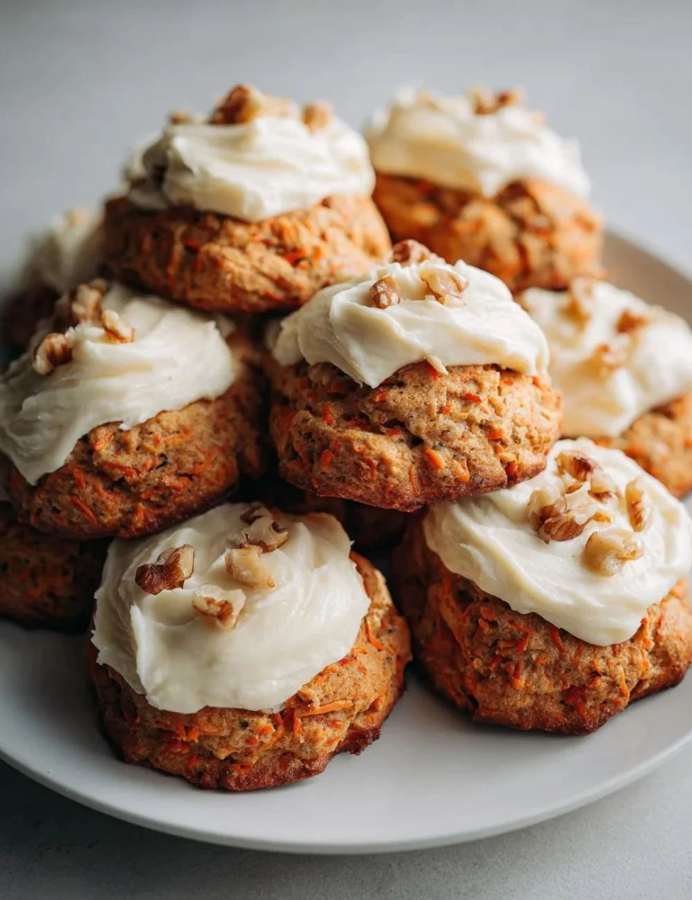 Delicious carrot cake cookies with cream cheese frosting on a plate
